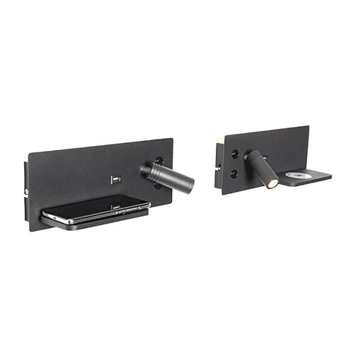 Qazqa Professional - Modern 2er Set Wandleuchte schwarz inkl. LED mit USB und Induktionsladegerät - Riza I Wohnzimmer I Schlafzimmer - Stahl Rechteckig - I LED von Qazqa