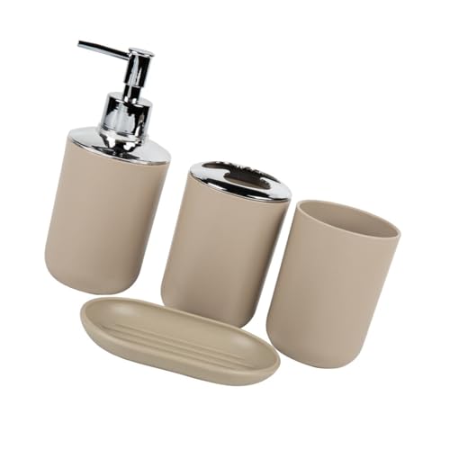 Badezimmer-Arbeitsplatten-Organizer, 4-teiliges Set, inklusive Zahnbürstenbecher, Seifenspender, Tablett für platzsparende Dekorationen, Badezimmer-Zubehör-Set von Qcbuegof