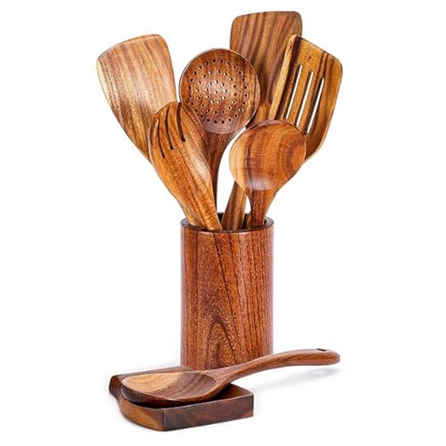 Set Von 9 Küchenutensilien Essentielles Kochwerkzeug Geschlitzte Tuner Serving Löffel Kochküche Utensilien Set Holztextur Kochutensilien von Qcbuegof