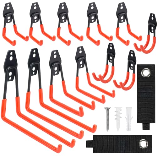 Qcdou Wandhaken Garage, 12 Stück Garage Storage Hooks, Werkzeug Wandhalterung, Schwerlast Wandhaken, Aufhängehaken, Zur Aufbewahrung für Fahrradhalterung, Gartengeräte, Schlauch, Leiter(Orange) von Qcdou