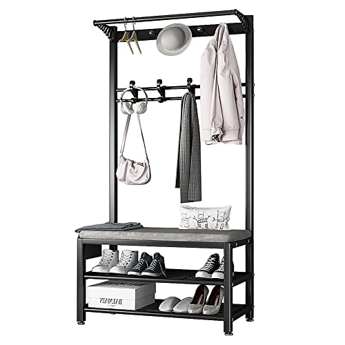 Qcesorib Garderobe mit Sitzbank, 170cm Garderobenständer, Garderobenständer mit 10 Gaderobenhaken und Schuhregal mit Sitzfläche, Flurgarderoben Set aus Metal im Industrial Design von Qcesorib