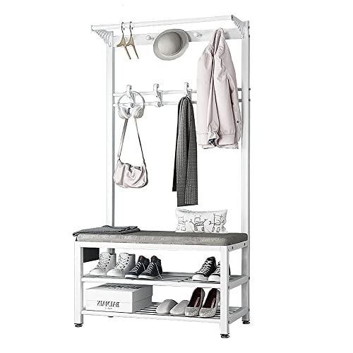 Qcesorib Garderobe mit Sitzbank, 170cm Garderobenständer, Garderobenständer mit 10 Gaderobenhaken und Schuhregal mit Sitzfläche, Flurgarderoben Set aus Metal im Industrial Design von Qcesorib