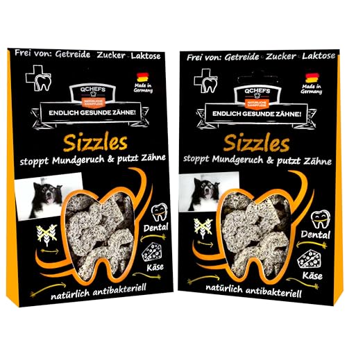 QCHEFS 2X Sizzles: Hunde Zahnpflege antibakteriell gegen Mundgeruch und Zähne geputzt- als getreidefreie-hypoallergene Leckerlis nach dem Hundefutter-perfekt von Qchefs