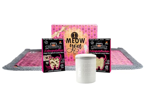 Qchefs Glückskiste Katze Kuscheltuch- Zahnputzflips als Zahnpflege Leckerli- hypoallergen- kalorienarm- Geschenkset mit Schnuffeltuch & Edelstahldose- nachhaltiges Katzengeschenk von Qchefs