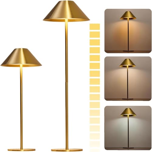 Metal Akku Tischlampe 5400mAh LED Tischlampe Kabellos 3 Farben 3000K-6000K Dimmbare Tischlampe Wiederaufladbar lP54 Wasserdicht Tischlampe Outdoor fur Garten Esstisch Schlafzimmer (Goldenes Doppel) von QcuGvy