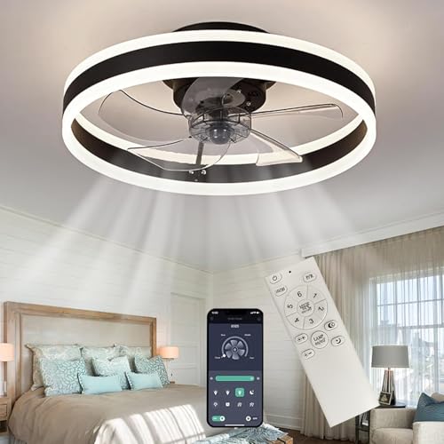 QcuGvy Lüfterlicht Ø50cm Deckenventilator mit Beleuchtung und Fernbedienung Modern 73W Leise Deckenleuchte mit Ventilator Lampe 3-Farben Umkehrbaren DC Motor für Schlafzimmer Wohnzimmer (Schwarz) von QcuGvy