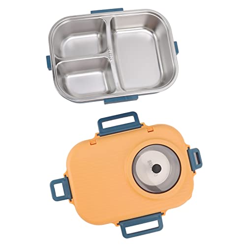 Bento-Box, Schicht-3-Gitter-Design, Bento-Box aus Edelstahl 304, mit Essstäbchen, Löffel, Suppenschüssel, Thermo-Lunchbox, 1100 Ml, Doppelt (Blau Gelb) von Qcwwy