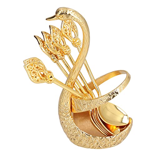 Qcwwy Dessertlöffel mit Organizer Halter Kaffee Dessert Löffel Halter Set Goldene Zinklegungsschuh Swan Basi von Qcwwy