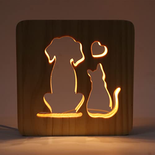 Nachtlicht für, LED-Nachtlicht aus Holz für Kinderzimmer, Katze und Hund, Niedlich, Tragbare Dekorationslampe für Schlafzimmer, Esszimmer, 3D-Hohldesign, Zimmer, von Qcwwy