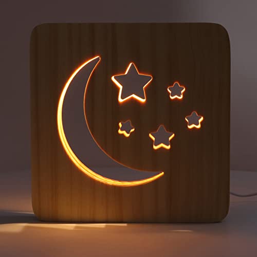 Qcwwy Nachtlicht für Kinder, Stern-Mond-Form Geschnitzte Hohle 3D-Holz-Nachtlampe Holz-3D-LED-Tischlampe Kreatives Geschenk für Baby-Kind-Kinderzimmer-Nachtlicht von Qcwwy