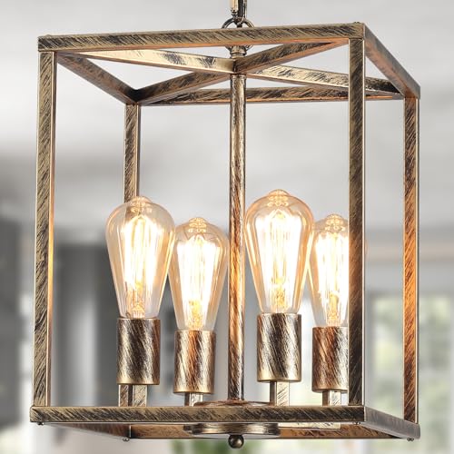 Qcyuui 4-Licht Laterne Kronleuchter Industrie Metall Verstellbare Höhe Foyer Pendelleuchte, Rustikale Bronze Hängende Leuchte für Kücheninsel Bauernhaus Flur von Qcyuui