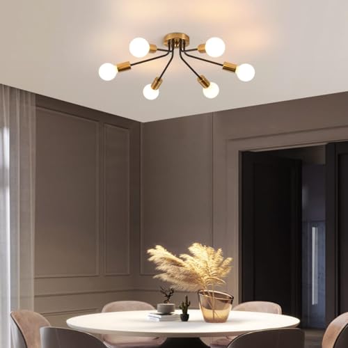 Qcyuui 6-Light Semi Flush Mount Deckenleuchte, Gold Sputnik Kronleuchter Deckenbeleuchtung, industrielle Metall Bauernhof Deckenleuchte für Wohn-Esszimmer-Schlafzimmer von Qcyuui