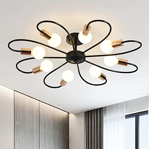 Qcyuui 8-Licht Semi Flush Deckenleuchte, moderne Sputnik Kronleuchter Metall Pendelleuchte, industrielle Vintage Deckenleuchte Leuchte für Küche Esszimmer Wohnzimmer Schlafzimmer (Schwarz & Gold) von Qcyuui