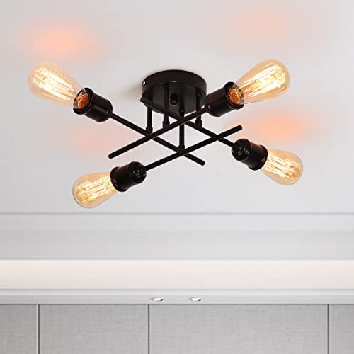Qcyuui Industrielle Deckenlampe, 4-flammig, rustikaler schwarzer Kronleuchter mit E27 Sockel - moderne Sputnik-Deckenleuchte für Küche, Esszimmer, Wohnzimmer, Schlafzimmer - halbbündige Montage von Qcyuui