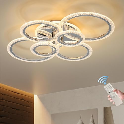 Qcyuui Moderne LED Deckenleuchte 76W, Dimmbar mit Fernbedienung, 6 Ringe Acryl Deckenlampe, Unterputz Design für Wohnzimmer, Esszimmer, Schlafzimmer, Chrom von Qcyuui