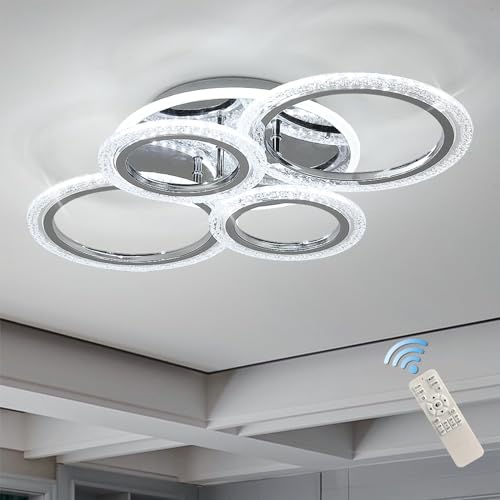 Qcyuui LED Deckenleuchte 58W, Dimmbar mit Fernbedienung, 4 Ringe Acryl Deckenlampe, Moderne Unterputz Deckenleuchte für Wohnzimmer, Esszimmer, Schlafzimmer, Chrom von Qcyuui