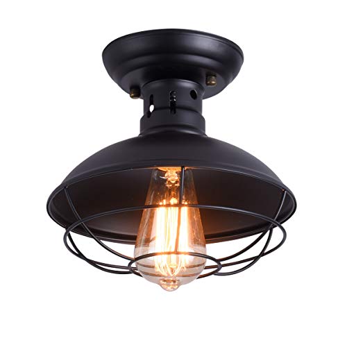 Qcyuui Rustikale Deckenleuchte Schwarz, E27 Pendelleuchte Semi Flush montiert mit industriellem Metallkäfig, Deckenleuchte im Landhausstil für Flur Treppe Foyer Küche Veranda Eingang von Qcyuui
