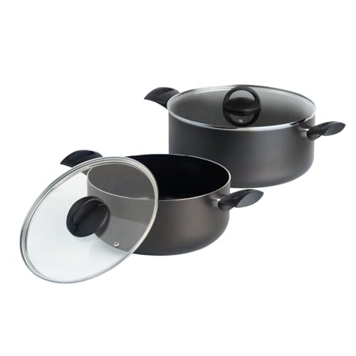 QDESIGN BLACK+ 2er-Set PFOA-freie, antihaftbeschichtete Aluminium-Kasserollen + 2 Glasdeckel – für alle Herdarten inkl. Induktion – Ofen-, spülmaschinen- und kühlschrankgeeignet – Schwarz, Ø 24/28 cm von Qdesign