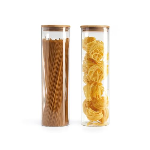 QULINART 2er-Set 2 l Borosilikatglasgläser mit luftdichtem Bambusdeckel, wiederverwendbare Vorratsgläser für Küche, Aufbewahrung von Lebensmitteln (Nudeln, Müsli, Körner, Gewürze) – Transparent/Holz von Qdesign