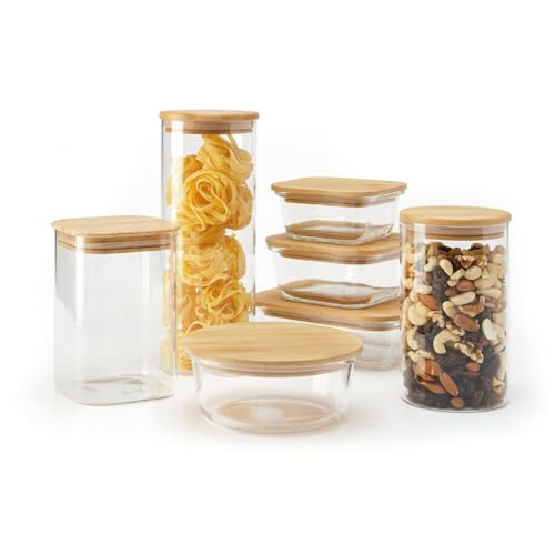QULINART 2er-Set 3-l-Borosilikatglasgläser mit luftdichtem Bambusdeckel, wiederverwendbare Vorratsgläser für die Küche, Aufbewahrung von Lebensmitteln (Nudeln, Müsli, Körner) – transparent/Holz von Qdesign