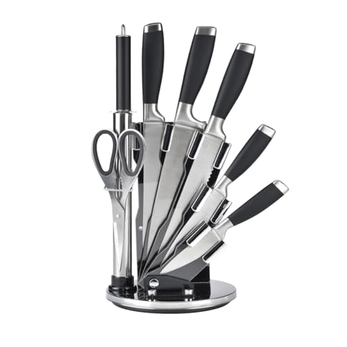 Qdesign 360° drehbarer Messerhalter aus Acryl + 7 Küchenhelfer-Set – Klingen aus 3CR14-Edelstahl + Soft-Touch-Griffe – 5 Messer + Schere + Basisblock + Wetzstahl – Schwarz/Silber Qdesign 360° drehbarer Messerhalter aus Acryl + 7 Küchenhelfer-Set – Klingen aus 3CR14-Edelstahl + Soft-Touch-Griffe – 5 Messer + Schere + Basisblock + Wetzstahl – Schwarz/Silber von Qdesign