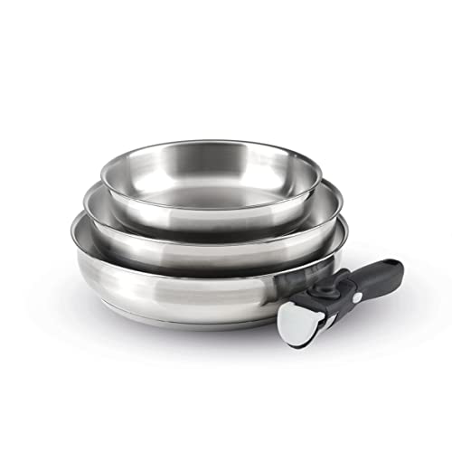 Qdesign - 4-Teiliges Induktionskochgeschirr - 3-Teiliges Edelstahlpfannenset (20, 24 und 26 cm) mit 1 Abnehmbarem Griff - Edelstahl - Feuerfest - PFOA-frei - Silber von Qdesign
