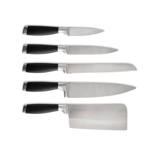 Qdesign 5-teiliges Küchenmesser-Set Edelstahl Soft-Touch-Griff - Hackmesser, Kochmesser, Brotmesser, Allzweckmesser & Schälmesser Ergonomisch/Schwarz von Qdesign