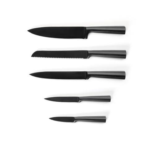 Qdesign - 5er-Set Küchen-Messer aus Edelstahl - Koch-, Brot-, Tranchier-, Office-, Gemüsemesser - Ultra-Scharfe Klingen - Ergonomisches Design - Mattschwarz von Qdesign