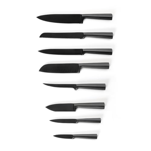 Qdesign - 8er-Set Messer aus Edelstahl - Koch-, Brot-, Aufschnitt-, Ausbein-, Santoku-Messer - für Obst & Gemüse, Office, kleines Küchenmesser - Mattschwarz von Qdesign