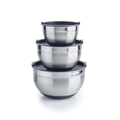 Qdesign - Set aus 3 Rührschüsseln aus Edelstahl mit Kunststoffdeckeln - 16 & 20 & 24 cm - Rührstäbchen Rutschfester Silikonboden - Stapelbar - Silberfarben von Qdesign