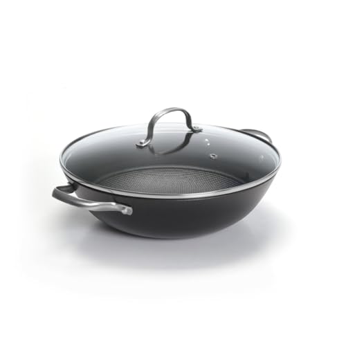 Qdesign - Wok aus Stahlguss - Pfanne mit Antihaftbeschichtung mit Wabenstruktur - Schnelle und Gleichmäßige Wärmeverteilung - Glasdeckel 30 cm - Schwarz von Qdesign