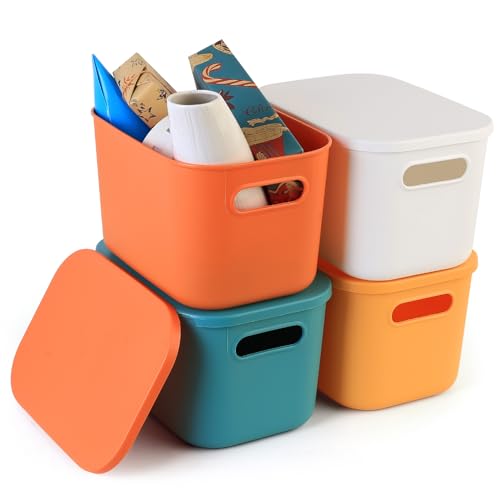 4 STK Aufbewahrungsboxen mit Deckel,Kleine Aufbewahrungsbox mit Deckel Klein für Kinderzimmer Küche Badezimmer Storage Stapelbare Plastik Aufbewahrungskorb Kunststoffbox mit Deckels(24.5x17.5x16cm) von Qeapug