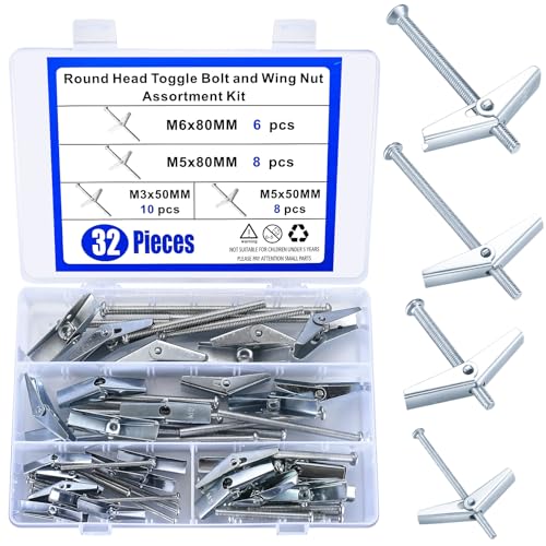 Kippdübel und Trockenbau Schrauben Set, 32 Stück M3/M5/M6 Knebelschraube und Flügelmutter Trockenbau Anker Hohlwand Schmetterling Gefederte Flügel für Hängen Gegenstände von Qeapug