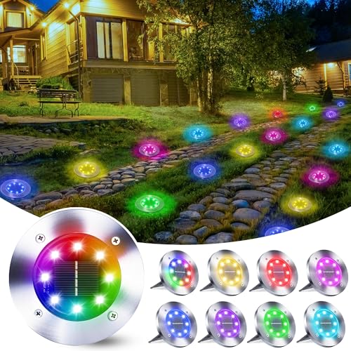 Qedertek 8 Stück Solar Bodenleuchten Aussen Garten - 8 LED Solarleuchten Außenleuchte RGB, Solar Gartenleuchten IP65 Wasserdicht Solarlampen für Außen, Rasen, Gehweg, Patio, Auffahrt von Qedertek