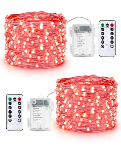 Qedertek Lichterkette Außen Batterie - 2 Stück 100 LED Silberdraht Micro Lichterkette Wasserdicht 10M Lichterkette Weihnachtsbaum Rot mit Fernbedienung für Außen Innen Garten Hochzeit Balkon von Qedertek