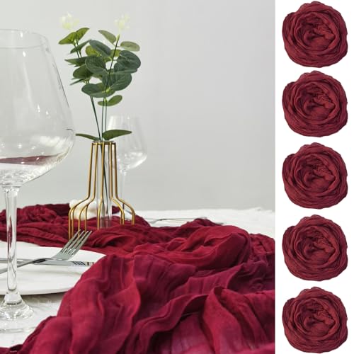 5 Stücke Tischläufer Rotwein, QeeFop 90 x 400 cm Tischläufer Musselin Stoff Tischdeko Hochzeit Boho Gaze Käsetuch Tischläufer für Hochzeit, Geburtstag, Tischdekoration (Rotwein) von QeeFop