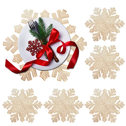 6er Platzsets Schneeflocken-tischset,QeeFop PVC Weihnachten Platzset Tischmatte Schneeflocke Hohles Tischset für Weihnachten, Geburtstag, Hochzeit Bankett Waschbar Wärmedämmung Platz-Matten (Gold) von QeeFop