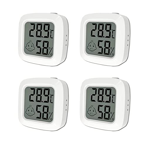 Mini LCD Digitales Thermometer Hygrometer, QeeFop 4 Stück Thermometer Hygrometer Innen, Temperatur und Luftfeuchtigkeitsmessgerät, Raumthermometer mit Smiley-Indikator für Babyzimmer Büro von QeeFop