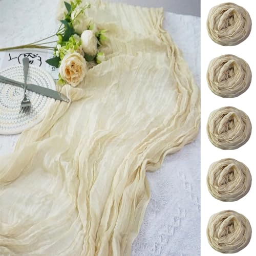 QeeFop 90 x 400 cm Tischläufer Musselin Stoff Tischdeko Hochzeit Boho Gaze Käsetuch Tischläufer für Hochzeit, Geburtstag, Tischdekoration (5 Stück, Blassgelb) von QeeFop