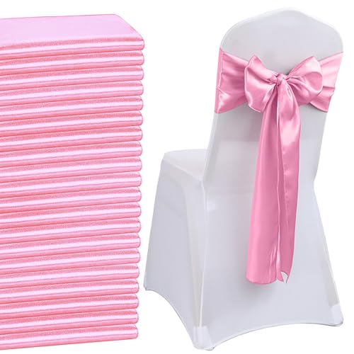 QeeFop 50 Stück Rose Pink Satin Schärpe Hochzeit Stuhl Bogen, Elastische Stuhlschärpen Stuhl Schärpen für Hochzeitsdekoration Geburtstag Bankett Party Stuhl Dekoration (Rose Pink) von QeeFop