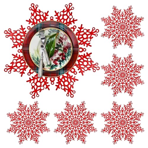 QeeFop 6er Platzsets Schneeflocken-tischset, PVC Weihnachten Platzset Tischmatte Schneeflocke Hohles Tischset Waschbar Wärmedämmung Platz-Matten für Weihnachten Thanksgiving Hochzeit Dekoration (Rot) von QeeFop