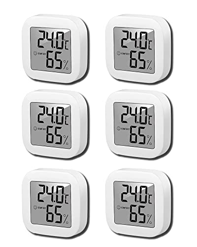 QeeFop Digitales Thermo-Hygrometer, 6 Stück Thermometer Hygrometer Innen, Temperatur und Luftfeuchtigkeitmessgerät, Raumthermometer mit Smiley-Indikator für Babyzimmer, Büro, Weinkeller, Gewächshaus von QeeFop
