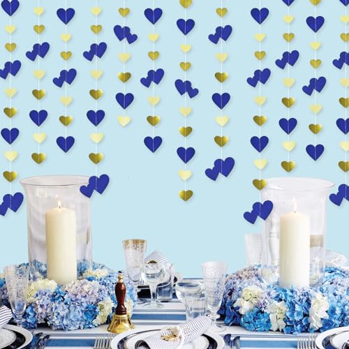 QeeFop Papier Girlande Deko, 52Ft Gold Blau Herz Girlande Hochzeit Deko Doppelseitig Metallisches Papier Hängende Girlande für Hochzeit, Geburtstag, Brautparty Deko (Gold&Blau) von QeeFop
