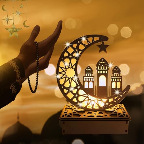 QeeFop Ramadan LED Lampe Holz, Ramadan Laterne für Eid Mubarak Dekoration, Mond Stern Ramadan Festival Dekoration Ramadan Muslim Ornamente DIY Holz Dekoration für Eid Mubarak Ramadan Partys (E) von QeeFop