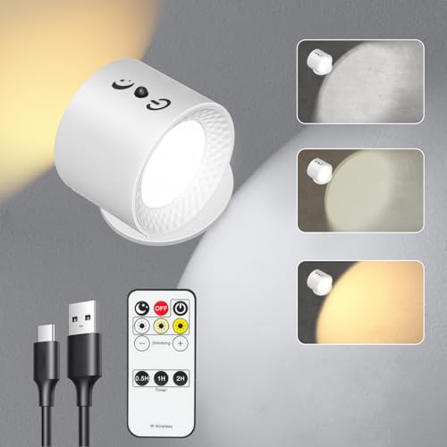 QeeFop Wandleuchte Ohne Stromanschluss, LED Wandleuchte Innen, 360° Drehbare Touch Control Wandlampen, 3 Farbe & 5 Helligkeit, mit Fernbedienung Timing-Modus für Schlafzimmer Wohnzimmer Treppenhaus von QeeFop