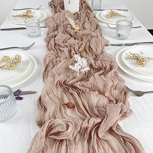 QeeFop 90 x 400 cm Tischläufer Beige Musselin Stoff Tischdeko Hochzeit Boho Gaze Käsetuch Tischläufer für Hochzeit, Geburtstag, Tischdekoration (Beige) von QeeFop