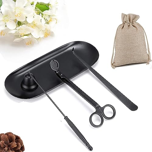 QeeHeng Kerzendochtschneide-Set,4-in-1,Kerzen-Zubehör-Set,Kerzenschneider,Werkzeug-Set,Kerzenlöscher,Docht-Trimmer-Set mit Tablett,Edelstahl-Kerzenpflege-Werkzeug,Kerzenlöscherstäbchen-Set (schwarz) von QeeHeng