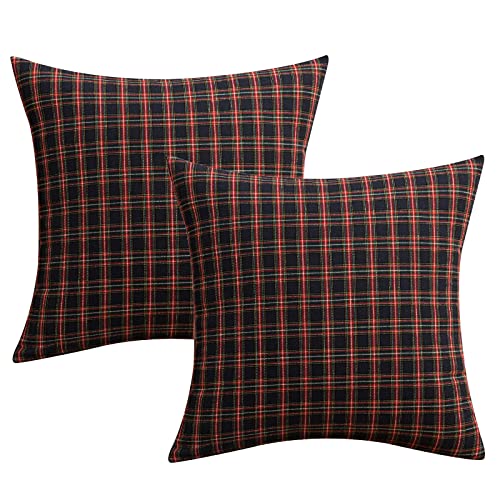 Qelus 2 Stück Kissenbezug Weihnachten, Kissenhülle 45x45cm Baumwolle Polyester, Kariert Plaid Weihnachtskissenbezug Dekorative Kissenbezüge Set, für Wohnzimmer Sofa Schlafzimmer (Schwarz und Rot) von Qelus