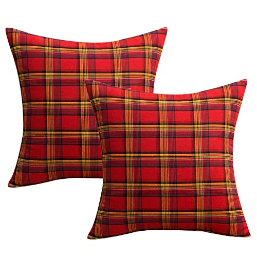 Qelus 2 Stück Weihnachten Kissenbezug, Kariert Plaid Dekorative Kissenhülle Baumwolle Polyester, 45x45cm Weihnachtskissenbezug Dekokissen Kissenbezüge, für Wohnzimmer Sofa Schlafzimmer (Gelb und Rot) von Qelus