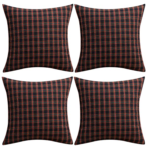 Qelus 4 Stück Kissenbezug Weihnachten, Kissenhülle 45x45cm Baumwolle Polyester, Kariert Plaid Weihnachtskissenbezug Dekorative Kissenbezüge Set, für Wohnzimmer Sofa Schlafzimmer (Schwarz und Rot) von Qelus